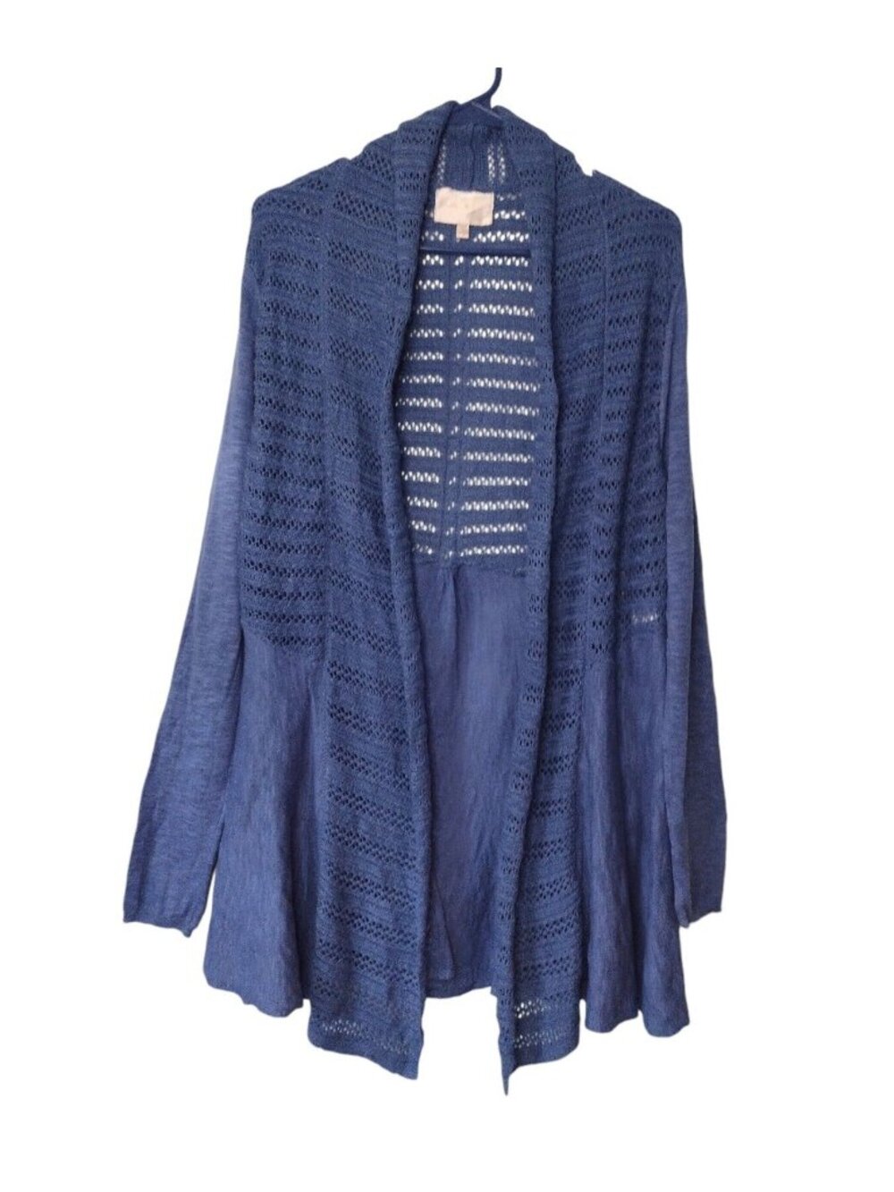 Skies Are Blue Open Knit Cardigan Sweater M Blue Boho Shawl Collar Lightweight